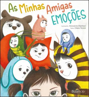 Capa do livro 'As minhas Amigas Emoções' de Chiara Piroddi, com ilustrações coloridas de crianças em trajes de animais e o logótipo Bizâncio.