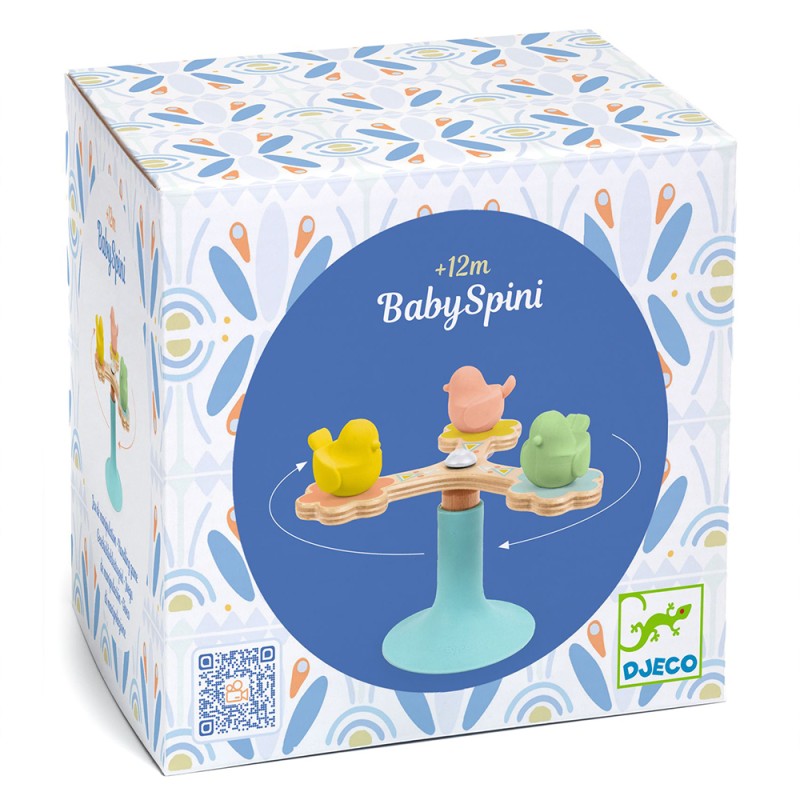 Caixa do brinquedo Djeco BabySpini com patinhos rotativos em tons pastel, mostrando o design e a idade recomendada de +12m.