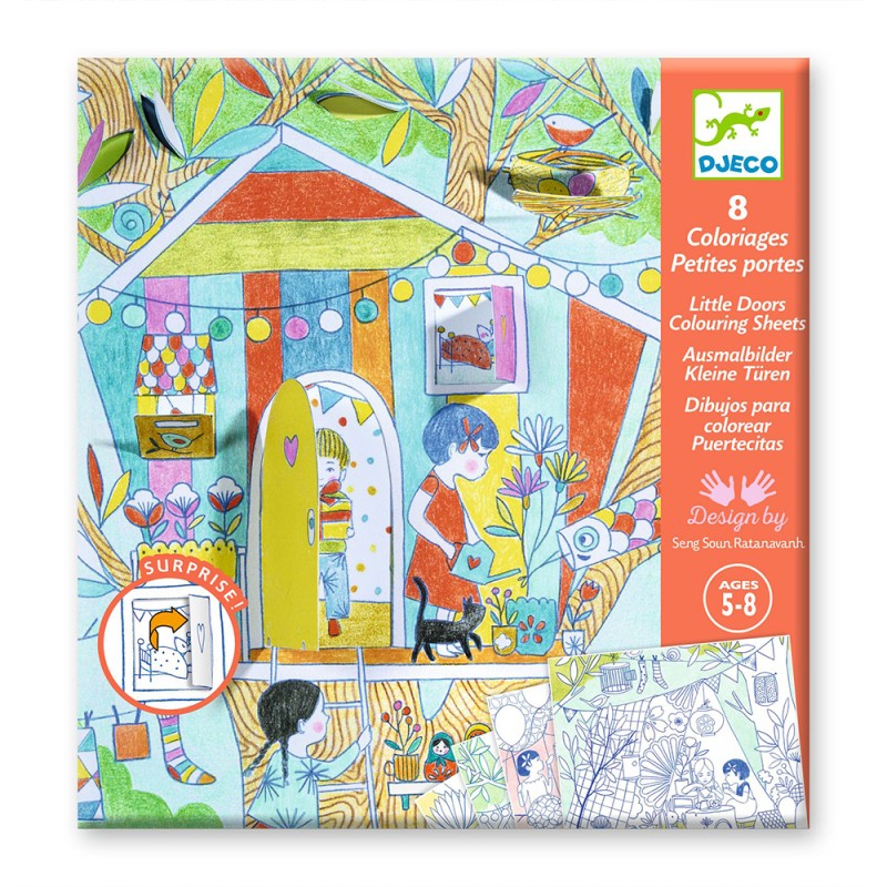 Embalagem do kit de colorir Djeco A Tenda da Nina, mostrando uma ilustração de uma casa na árvore e a indicação de idade 5-8 anos.