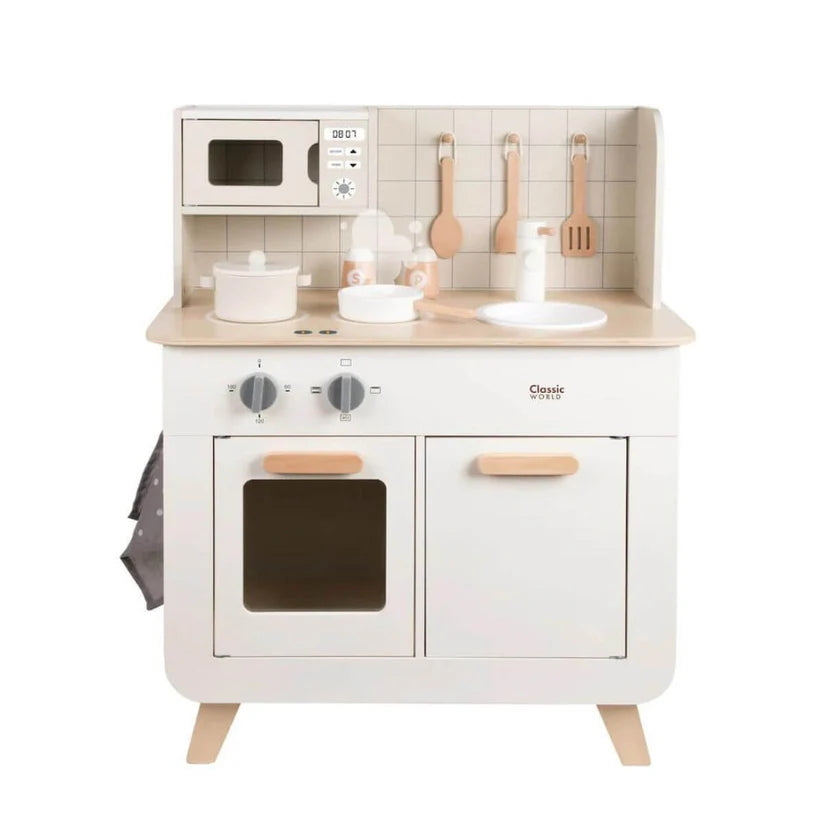 Cozinha de brinquedo Classic World completo do Chef em madeira branca e natural, com forno, micro-ondas, lava-loiça e acessórios.