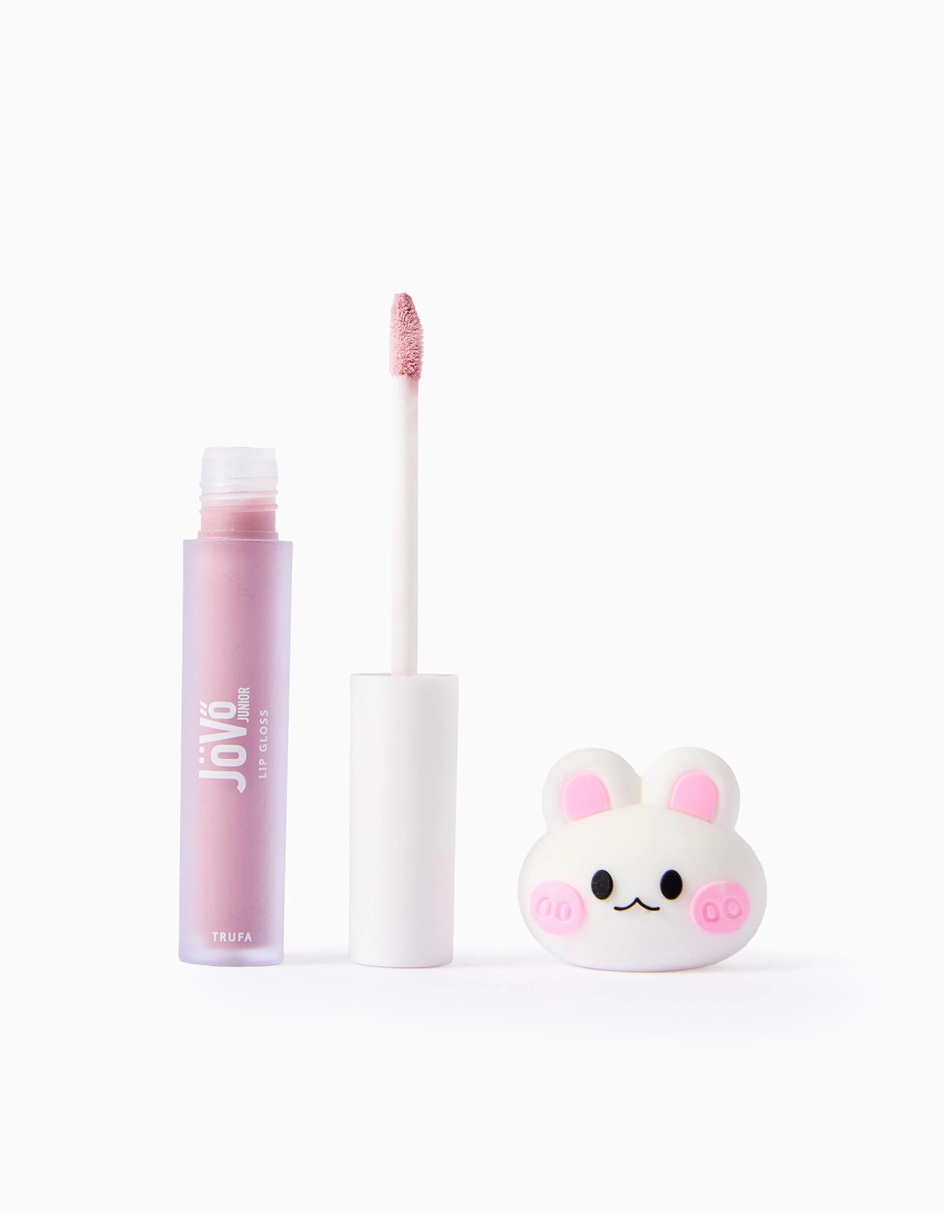 Lip gloss Inuwet Animais "Trufa" com embalagem de coelho branco, aplicador e tubo de brilho labial rosa pálido separados.