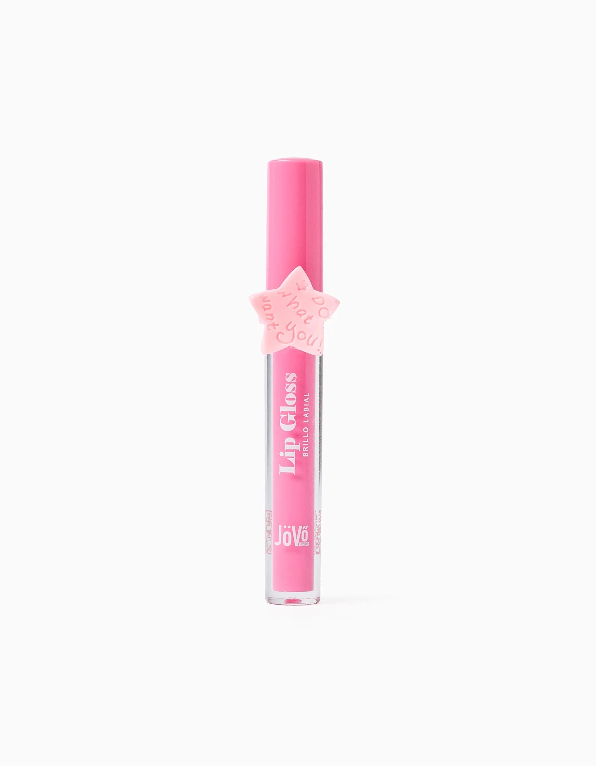 Lip Gloss Sweet de cor rosa vibrante, embalagem fechada com um anel cor-de-rosa em forma de estrela decorativo, sobre fundo branco.
