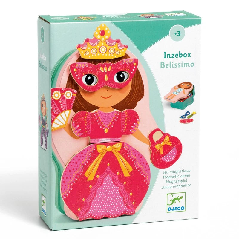 Caixa do jogo Djeco Belissinmo - InzeBox Caixa de metal magnéticos Princesa, mostrando uma personagem com um vestido rosa e coroa.