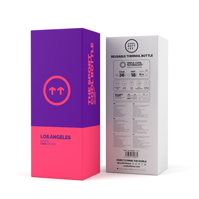 Embalagem da garrafa térmica Cool Bottles Sport Los Angeles, mostrando detalhes da tecnologia Triple-Cool, capacidade, materiais e tampões.