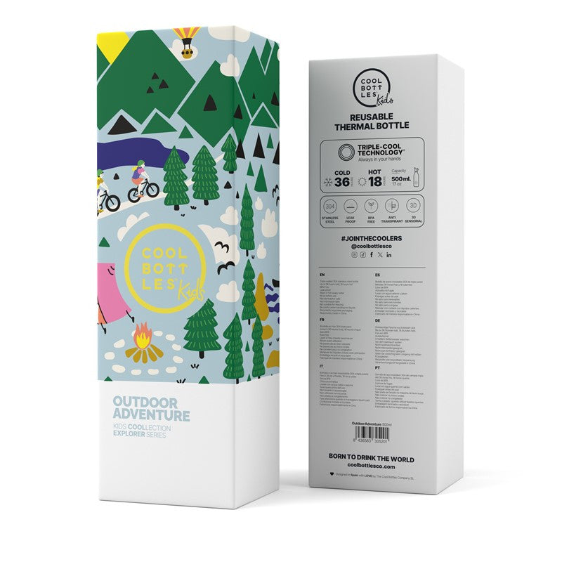 Embalagem da garrafa térmica Cool Bottles Outdoor Adventure 500ml, com design da garrafa e informações como 36h frio/18h quente.