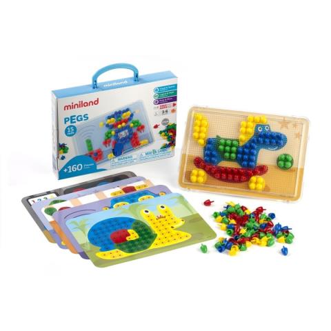 Conjunto completo do jogo de mosaicos Miniland Pegs, com 160 peças, caixa, 6 cartões-modelo e base transparente com um cavalo a ser montado.