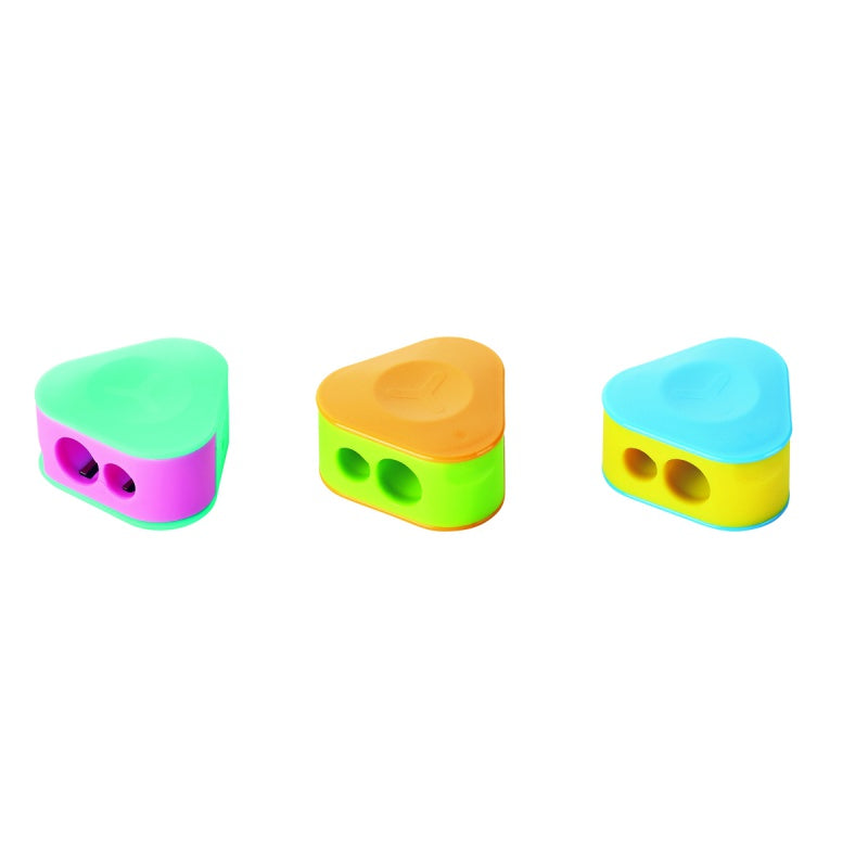 Três afia-lápis Keyroad de 2 bocas e depósito em plástico, com cores vibrantes (verde/rosa, laranja/verde, azul/amarelo), sobre fundo branco.
