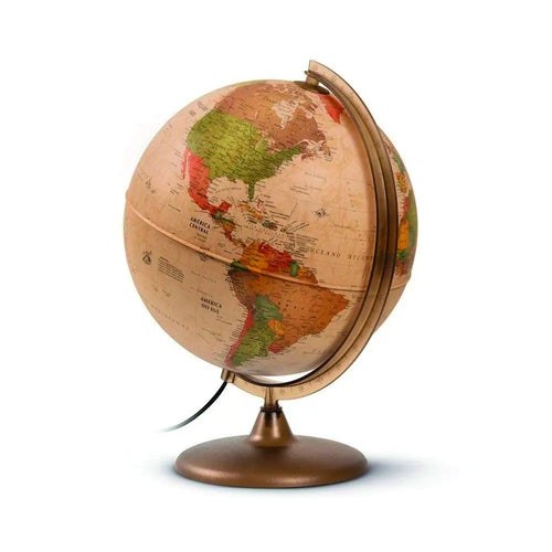 Globo terrestre Tecnodidattica Giacomino Discovery 25cm com mapa político colorido e luz desligada, mostrando a América do Norte e do Sul.