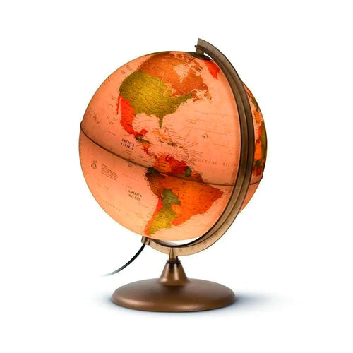 Globo terrestre Tecnodidattica Giacomino Discovery 25cm com a luz acesa, revelando um mapa físico iluminado da América do Norte e do Sul.