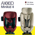 Três cadeiras auto AXKID Minikid 4, uma em vermelho (Tile Melange), outra em preto (Black Melange), e outra em bege (Granite Melange), exibidas de frente.