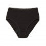 Vista frontal detalhada da Cueca Menstrual AllMatters Cintura Alta preta, destacando o corte e o elástico.