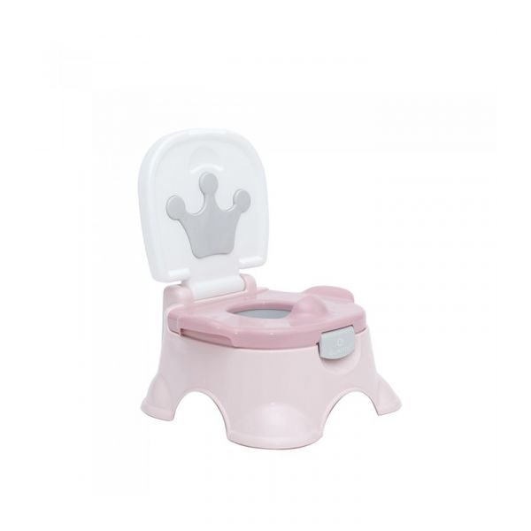 Olmitos Pote Coroa rosa 3 em 1 com a tampa levantada, mostrando o assento e o design de coroa em cinzento.