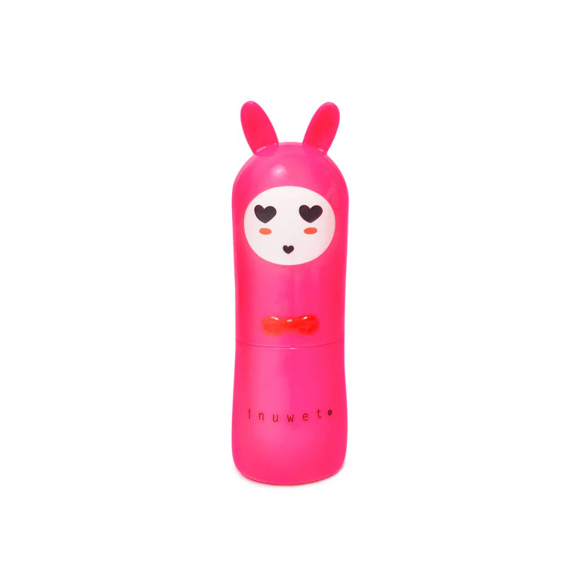Bálsamo labial Inuwet Bunny fúcsia fechado, com o coelho de expressão amorosa e corações nos olhos.