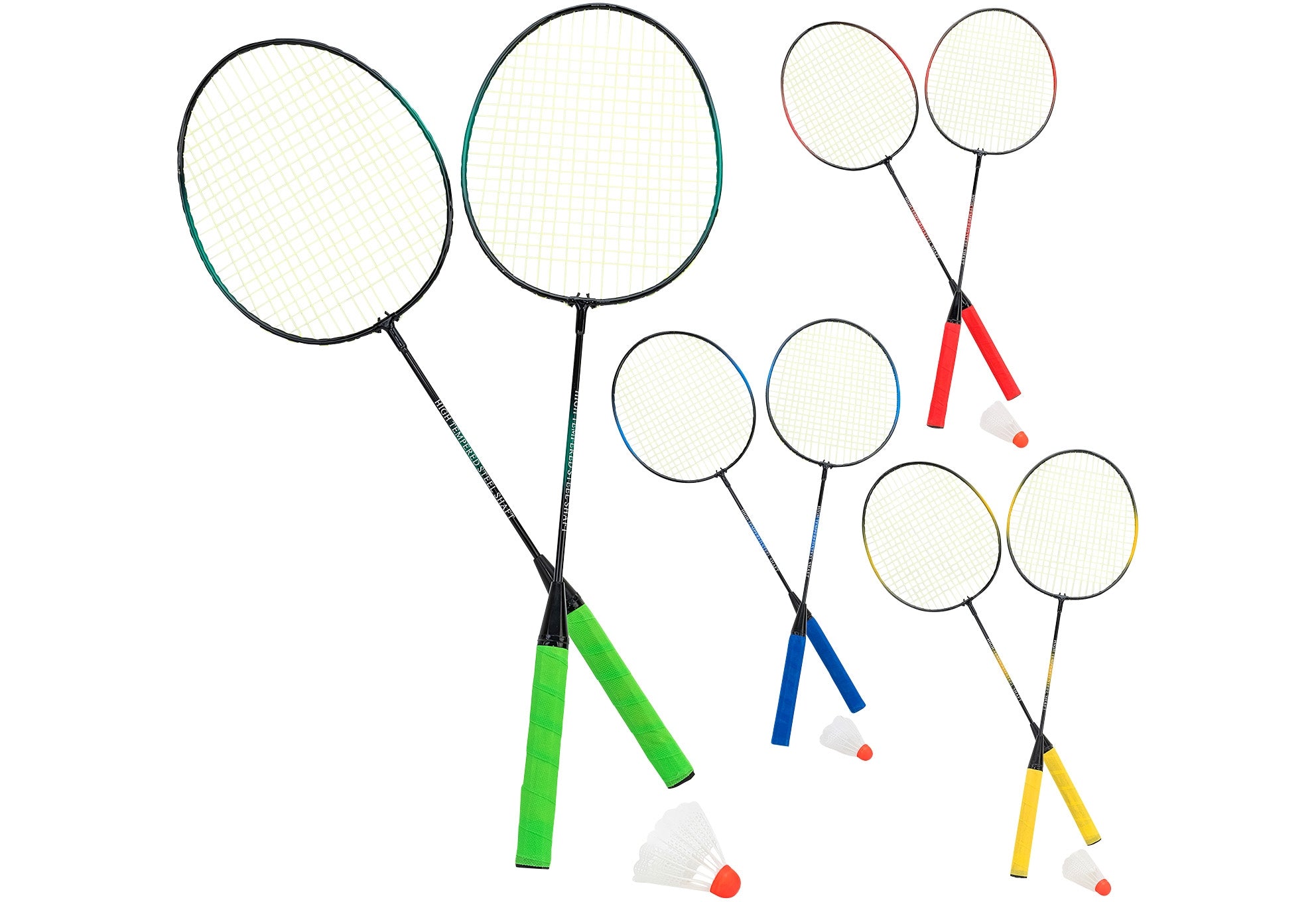 Conjunto de 2 raquetes de badminton com pegas coloridas (verde, vermelho, azul, amarelo) e volantes brancos, destacando a variedade para jogos recreativos.