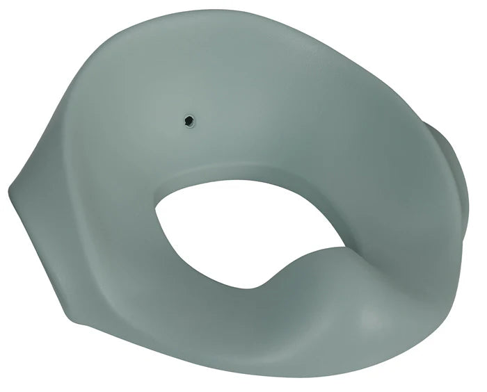 Redutor de sanita infantil Kikkaboo em espuma EVA de cor verde-acinzentada, visto de cima, com abertura oval central e pega frontal.