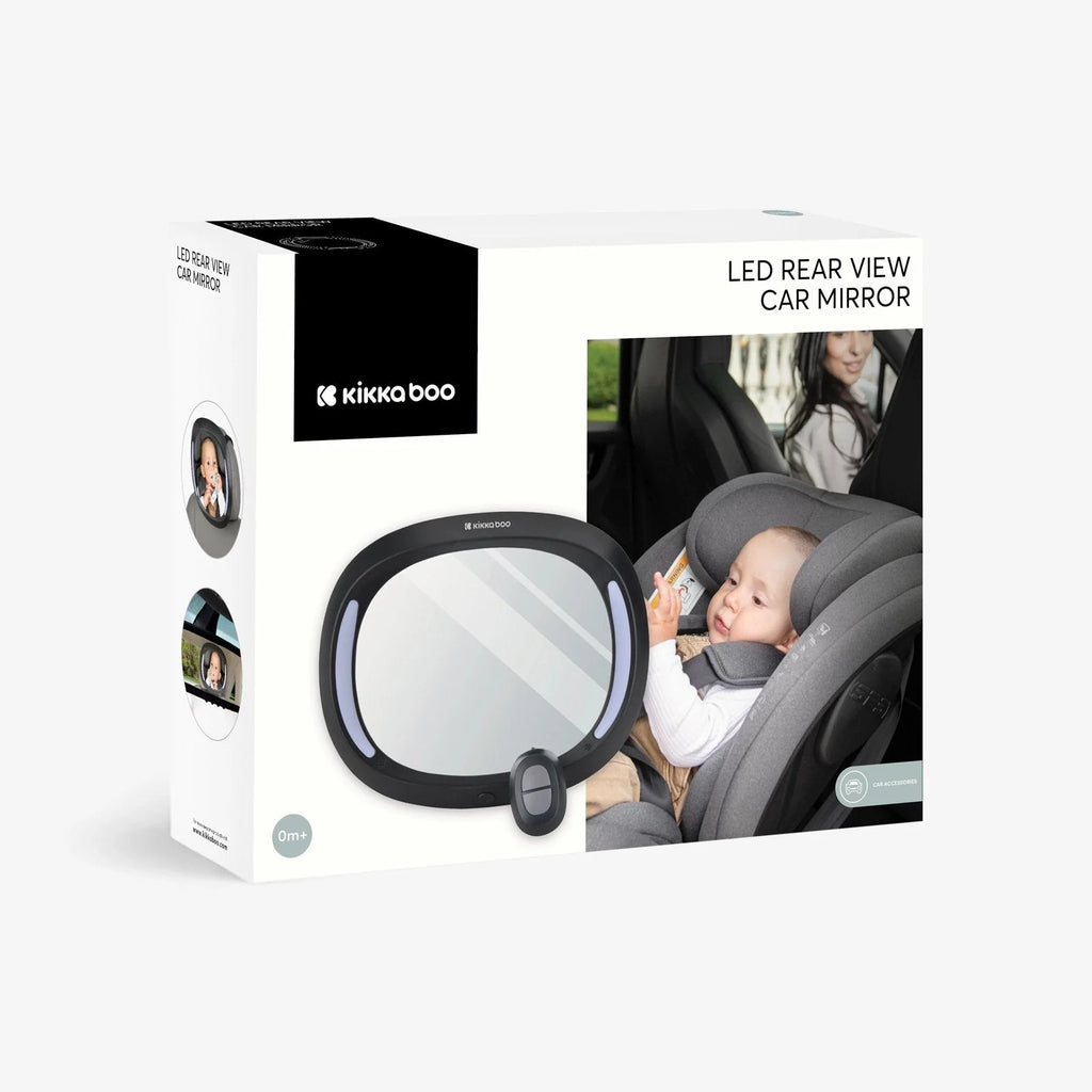 Espelho auto Kikkaboo com LED na embalagem, mostrando o espelho, o controlo remoto, e um bebé numa cadeira auto.