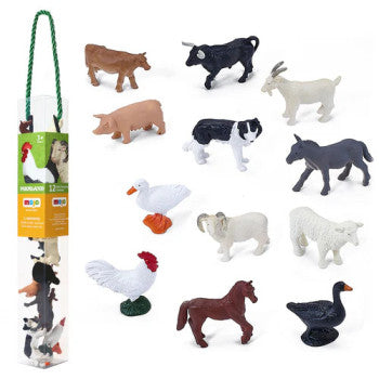 Conjunto Mojo 12 Animais Quinta com embalagem, mostrando todas as miniaturas realistas de animais como vaca, porco, cavalo, galinha, ovelha e cão.
