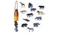 Conjunto completo de 12 miniaturas realistas Mojo Animais Selva, com embalagem transparente e figuras espalhadas ao lado.