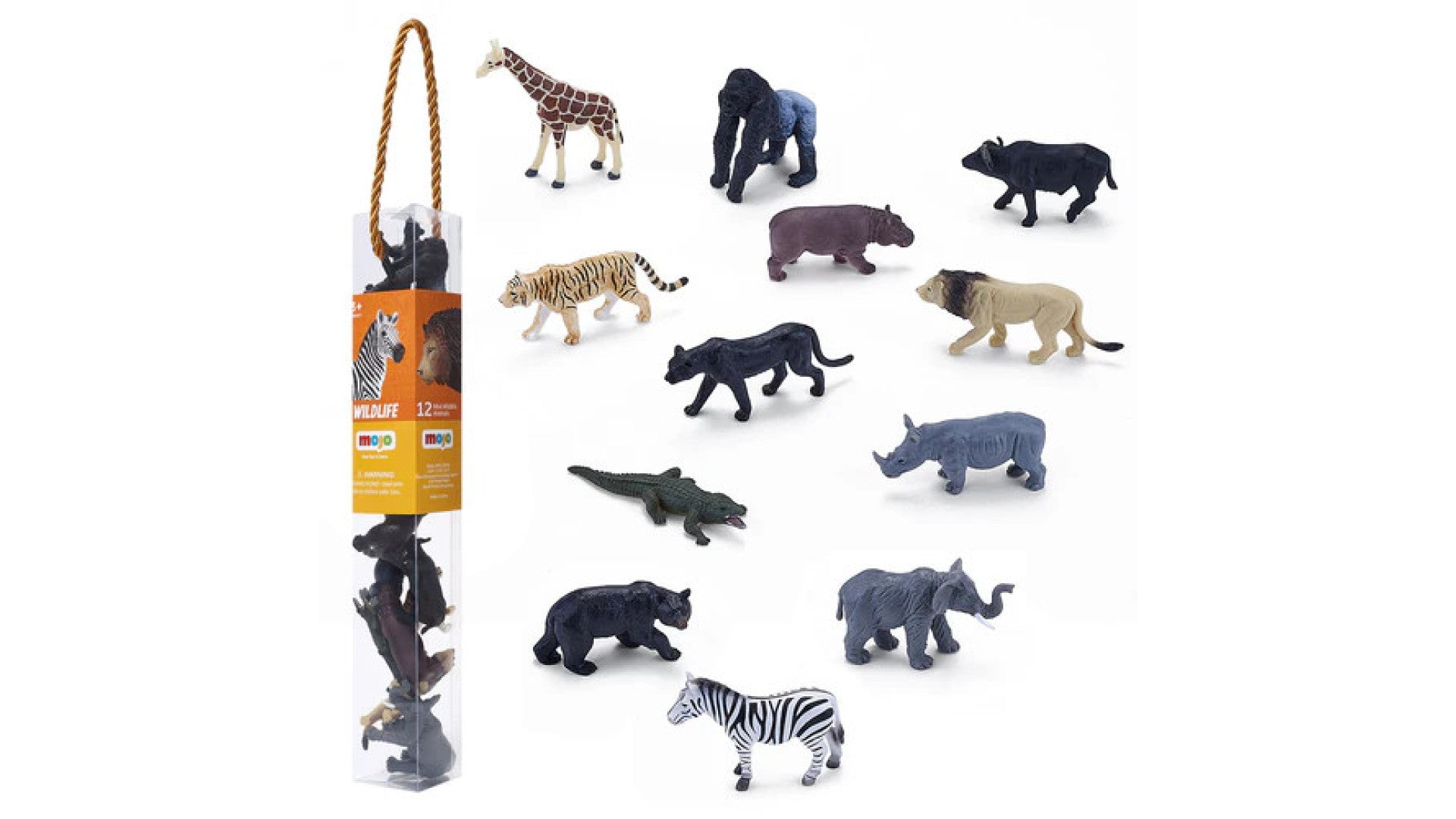Conjunto completo de 12 miniaturas realistas Mojo Animais Selva, com embalagem transparente e figuras espalhadas ao lado.