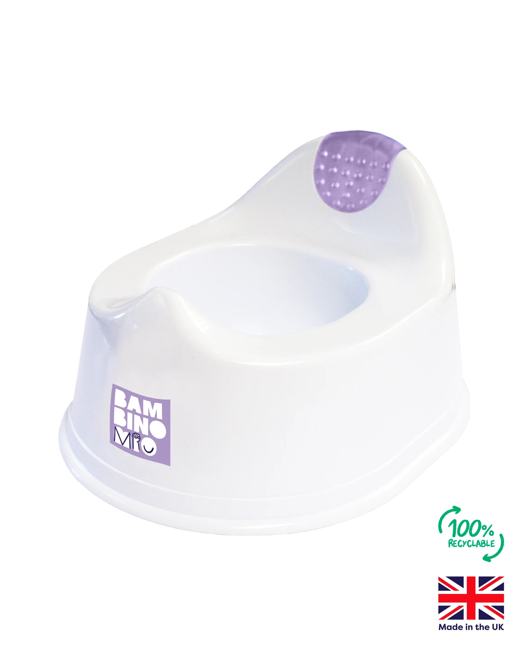 Bacio Bambino Mio Pote com ícones a indicar que é 100% reciclável e fabricado no Reino Unido (Made in the UK).