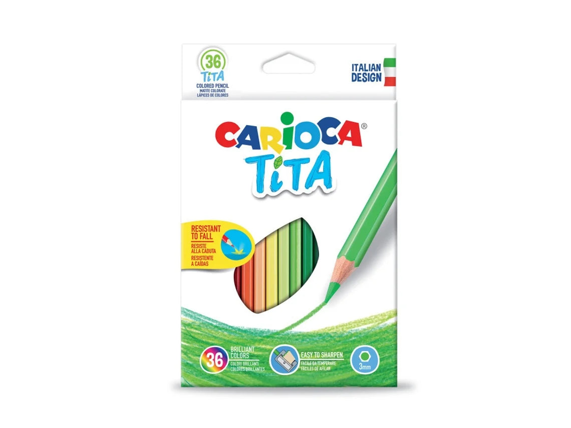 Embalagem dos 36 lápis de cor Carioca Tita com destaque para a resistência a quedas, cores brilhantes e facilidade de afiar, ideal para crianças.