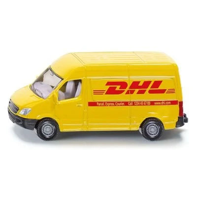 Miniatura de carrinha de correio SIKU amarela, modelo Post Van DHL, vista lateral com o logótipo vermelho em destaque e rodas detalhadas.