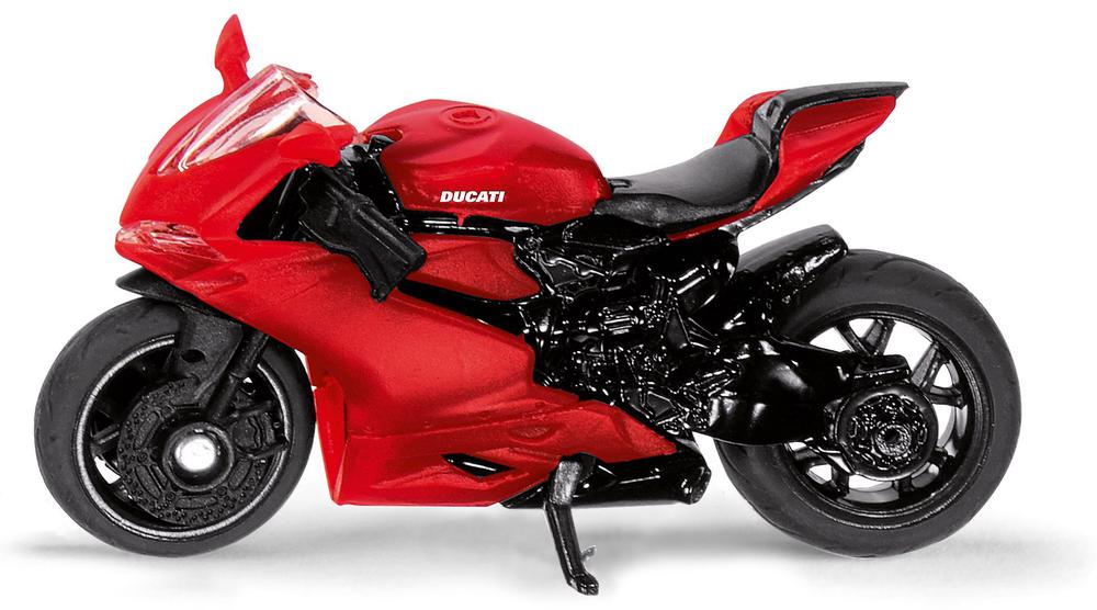 Miniatura SIKU Ducati Panigale 1299 em vermelho e preto, fundida em metal e plástico, vista lateral detalhada.