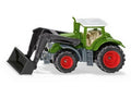 Miniatura de trator SIKU Fendt 1050 Vario na cor verde com carregador frontal preto articulado, pneus pretos com jantes vermelhas, sobre fundo branco.