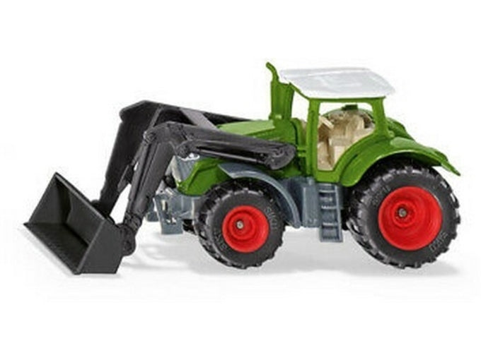 Miniatura de trator SIKU Fendt 1050 Vario na cor verde com carregador frontal preto articulado, pneus pretos com jantes vermelhas, sobre fundo branco.