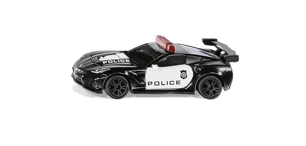 Miniatura SIKU Chevrolet Corvette ZR1 Police preta e branca com barra de luzes vermelha, vista lateral detalhada.