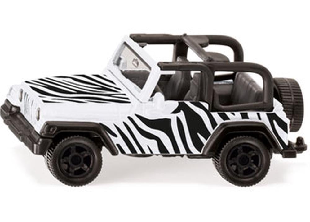 Vista lateral de uma miniatura de carro SIKU, um Jeep Wrangler descapotável com um padrão de pele de zebra preto e branco, rodas pretas e roll bar preto.