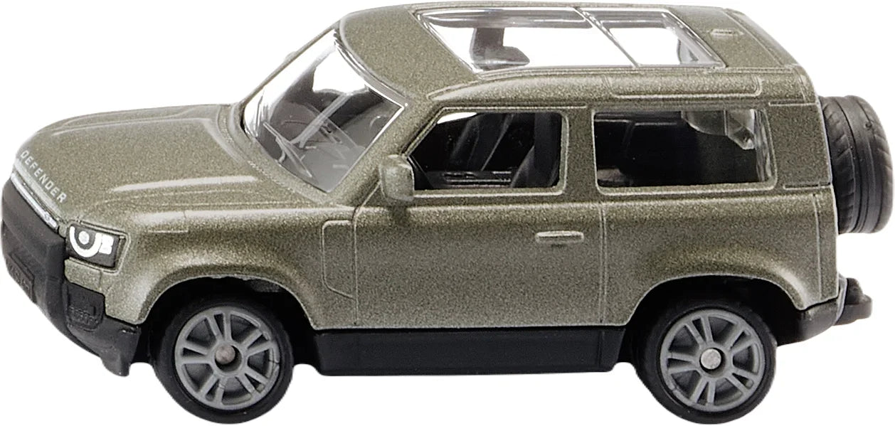 Vista lateral da miniatura SIKU Land Rover Defender 90 P400 AWD em verde metalizado, mostrando as portas, teto panorâmico e pneu sobressalente traseiro.