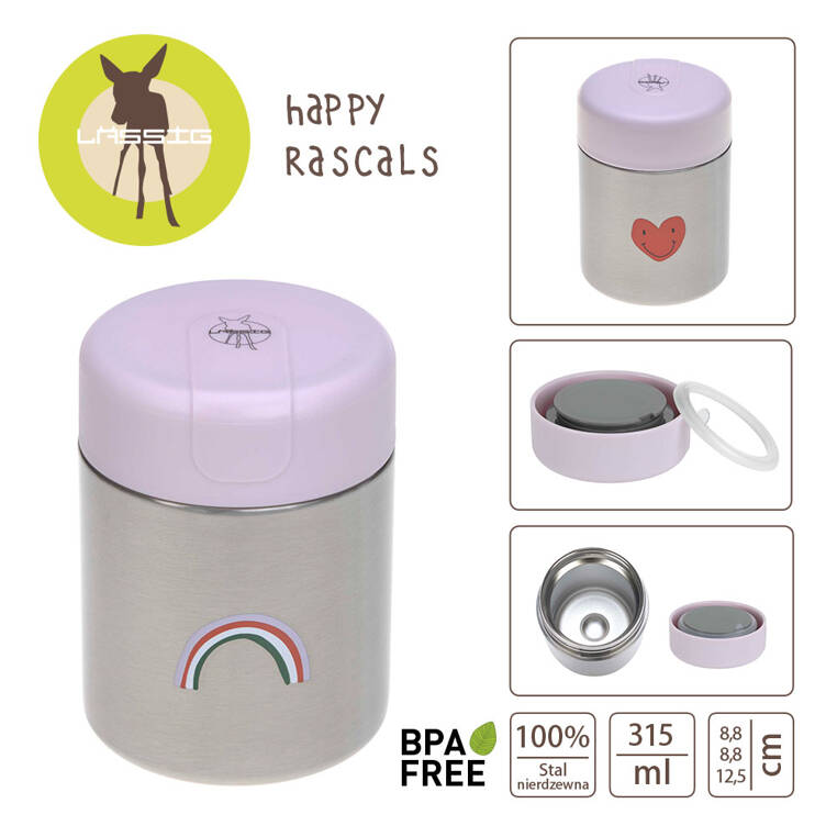 Termo para alimentos Lässig 350ml Heart Lavender em aço inoxidável com tampa lavanda, exibindo um arco-íris e especificações como BPA Free e dimensões.