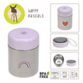 Termo para alimentos Lässig 350ml Heart Lavender em aço inoxidável com tampa lavanda, exibindo um arco-íris e especificações como BPA Free e dimensões.