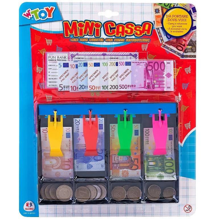Conjunto de dinheiro de brincar Casa di Casa Goki, com notas e moedas de euro, em embalagem transparente mostrando a mini caixa registadora e fichas de cheque.