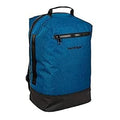 Mochila de viagem Nachfolger HyFive azul com base preta, mostrando o fecho principal e o logótipo discreto.