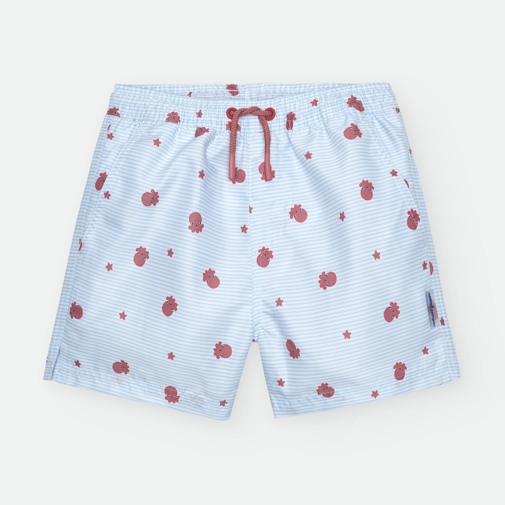 Waterlemon Calção de Praia - Piscina Azul com Polvos, vista frontal. Design com riscas azuis e padrão de polvos e estrelas vermelhas, cordão vermelho.