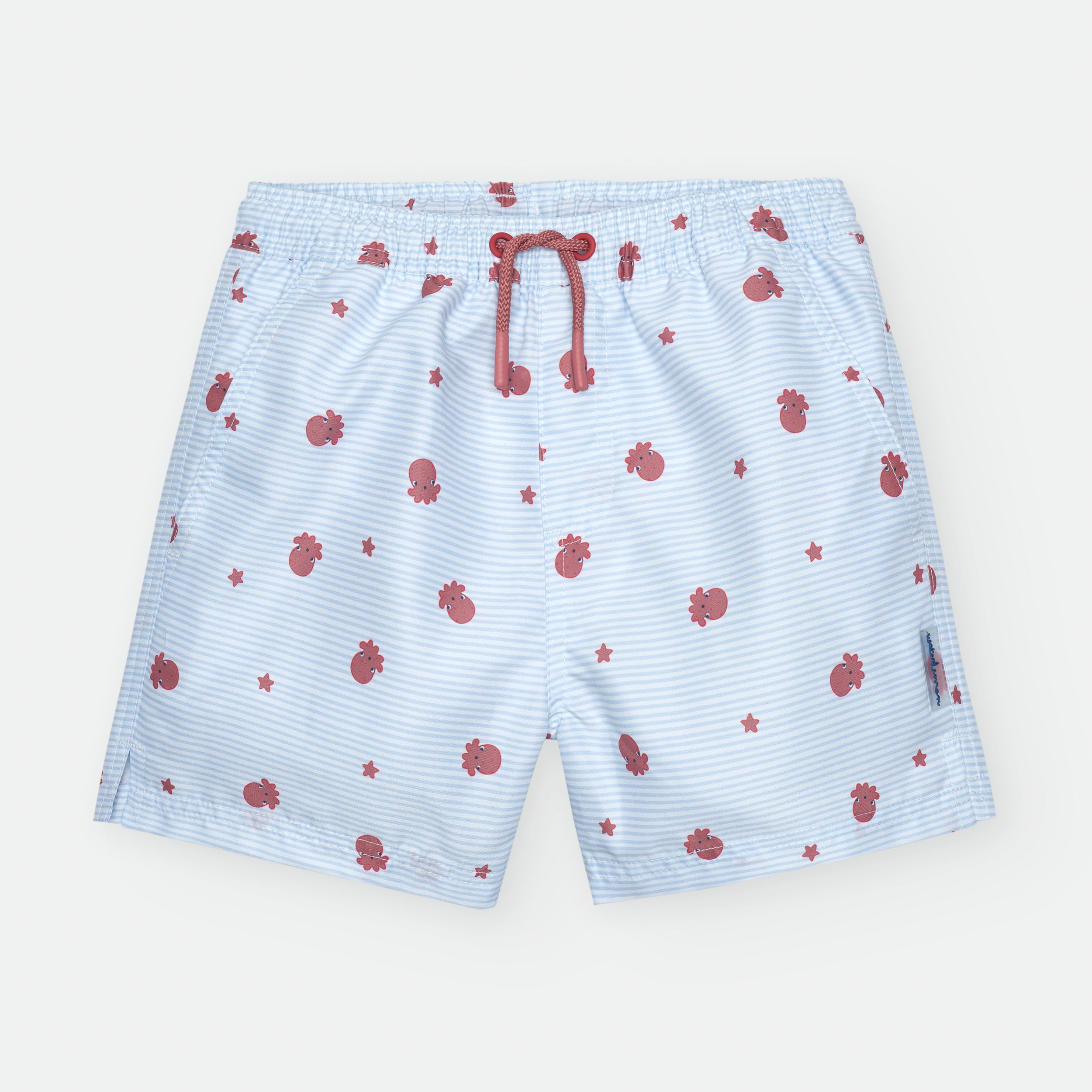 Waterlemon Calção de Praia - Piscina Azul com Polvos, vista frontal. Design com riscas azuis e padrão de polvos e estrelas vermelhas, cordão vermelho.