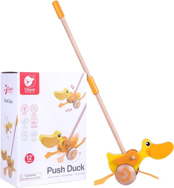 Classic World Patinho de empurrar em madeira, amarelo, com a sua embalagem original que destaca a idade recomendada de 12 meses.