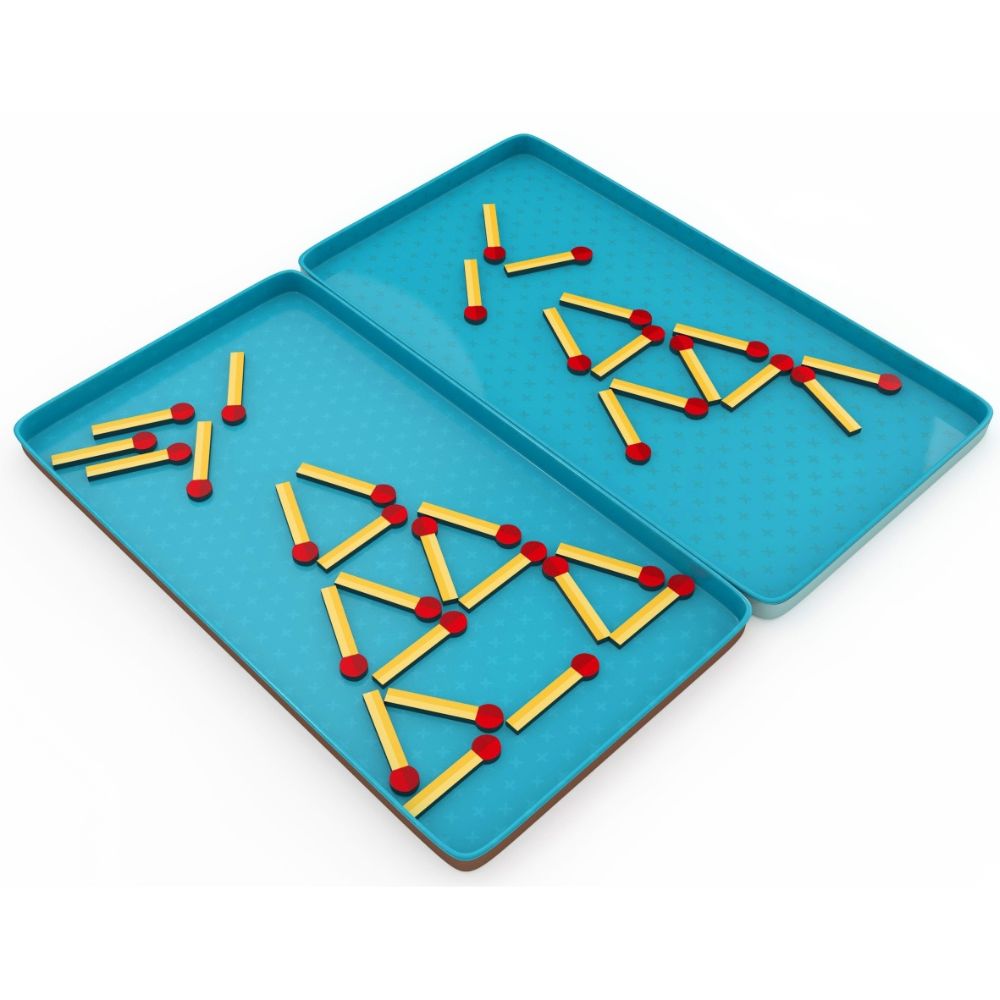 Tabuleiro de jogo magnético aberto, mostrando as duas metades azuis com varetas magnéticas a formar diferentes palavras e formas, ilustrando a jogabilidade.