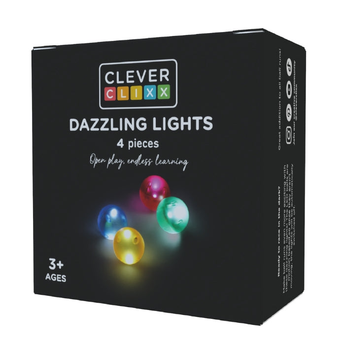 Caixa preta do brinquedo Clever Clixx Dazzling Lights com 4 peças, mostrando as bolas a brilhar e a indicação de idade 3+ anos.