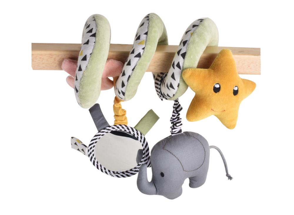 Espiral de desenvolvimento Tikiri para bebé, com estrela amarela, espelho seguro e elefante cinzento pendurados, em algodão orgânico.