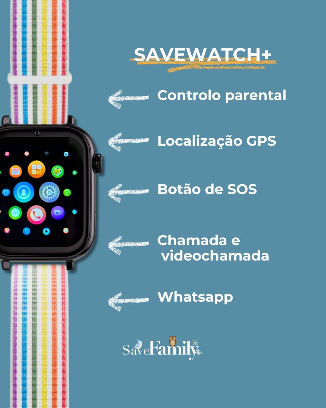 SaveWatch Plus Relógio com GPS e chamada pulseira tecido +8 anos