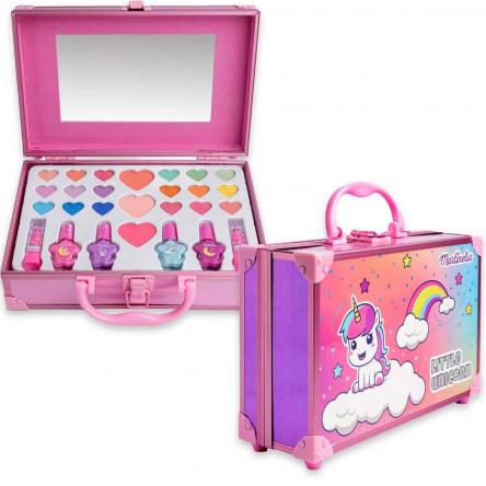 Mala de maquilhagem Martinelia Little Unicorn aberta e fechada, exibindo sombras de olhos, vernizes, blushes e batons, com espelho e decoração de unicórnio.