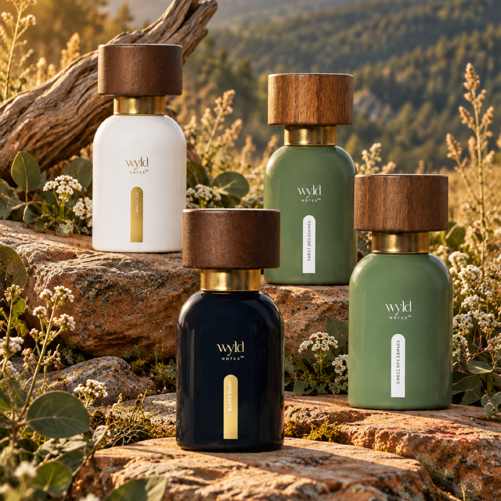 Os quatro perfumes da Original Collection pousados em pedra, ao ar livre, com vegetação ao fundo