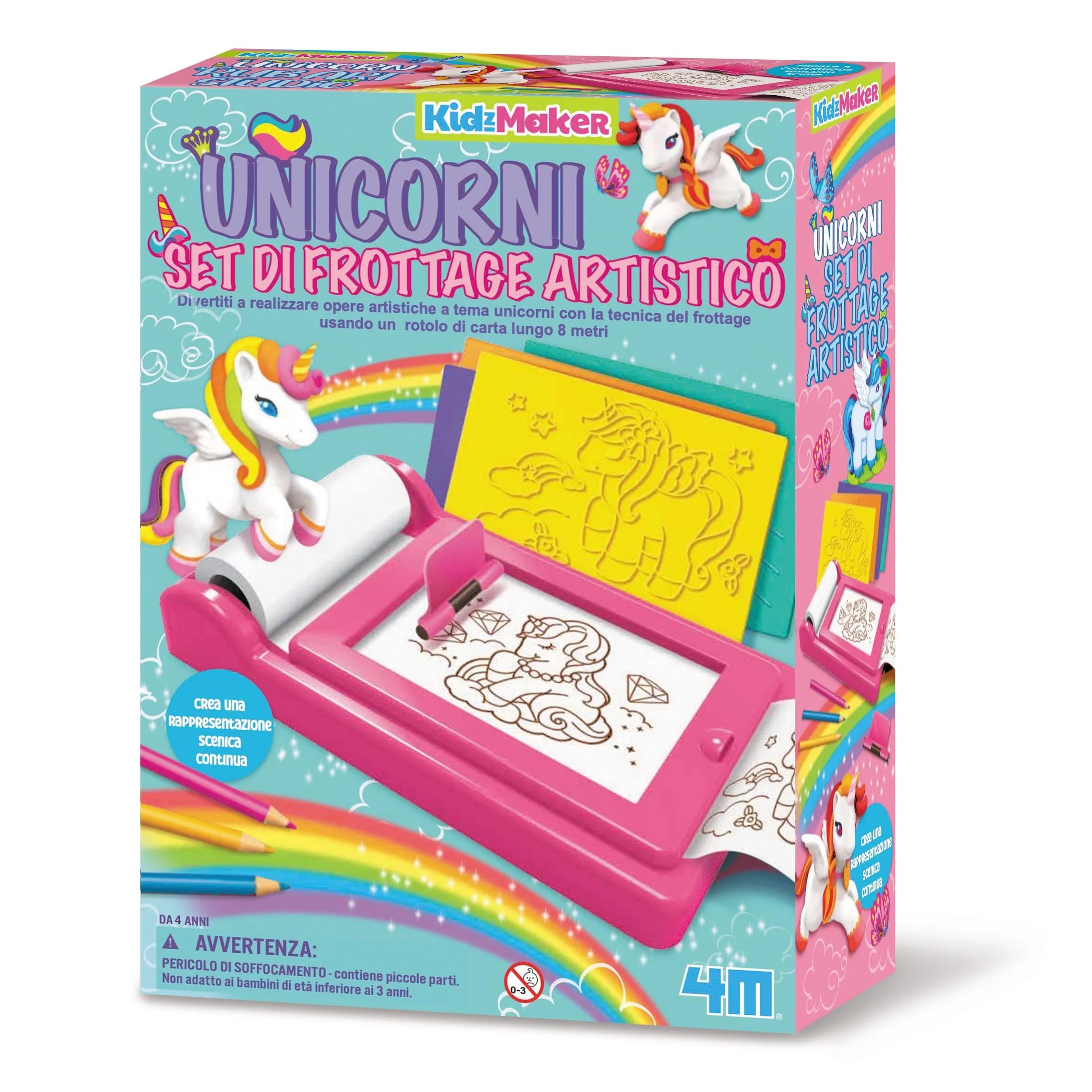 Caixa do kit Kidzmarkers Unicórnios em italiano, com o estúdio de frottage e rolo de papel de 8 metros.