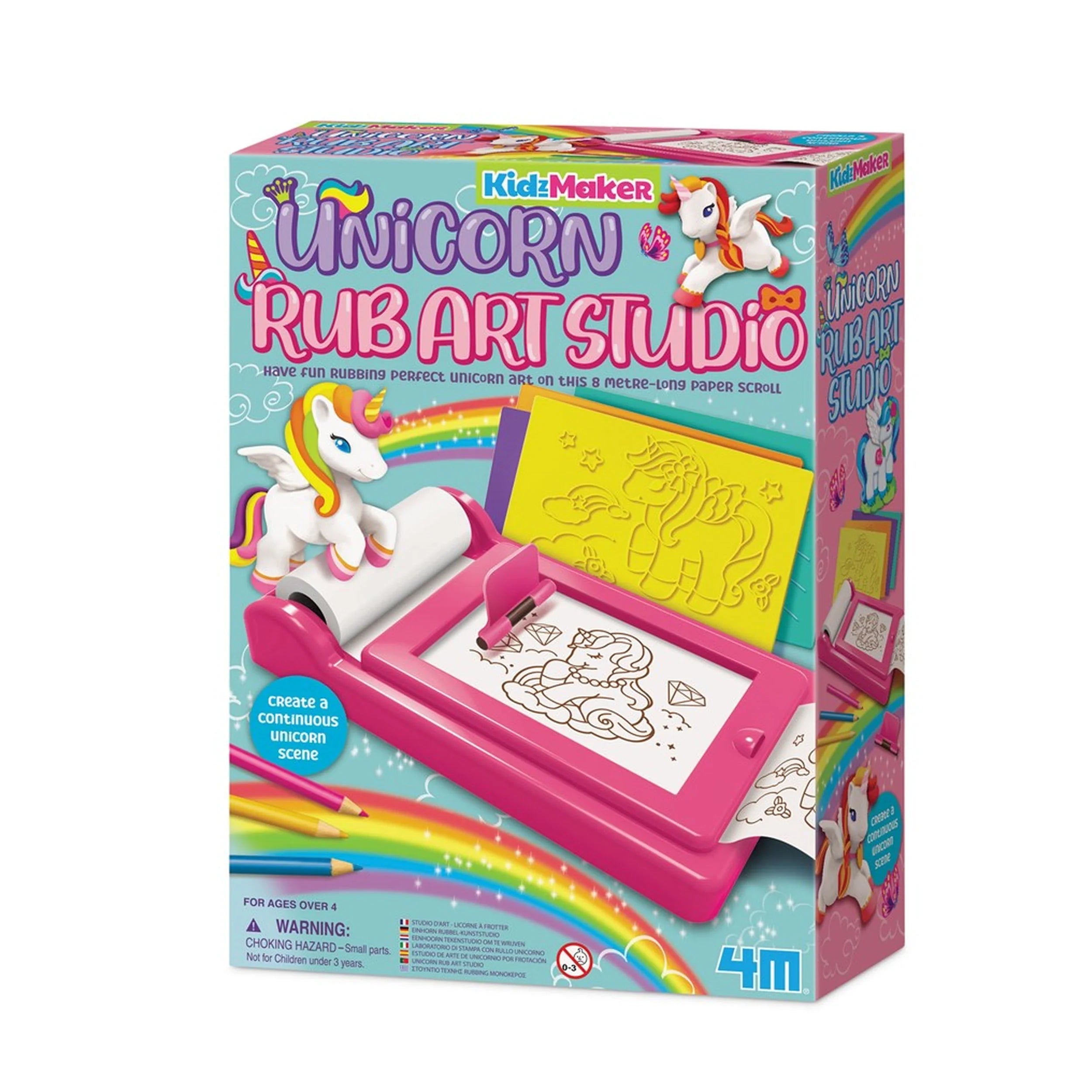 Caixa do kit Kidzmarkers Unicórnios, mostrando o estúdio de arte e os materiais para crianças a partir dos 4 anos.