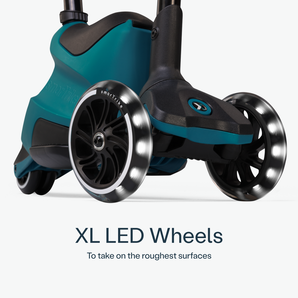 Pormenor da roda LED extra grande da Smartrike XTEND Ride-On verde azulado