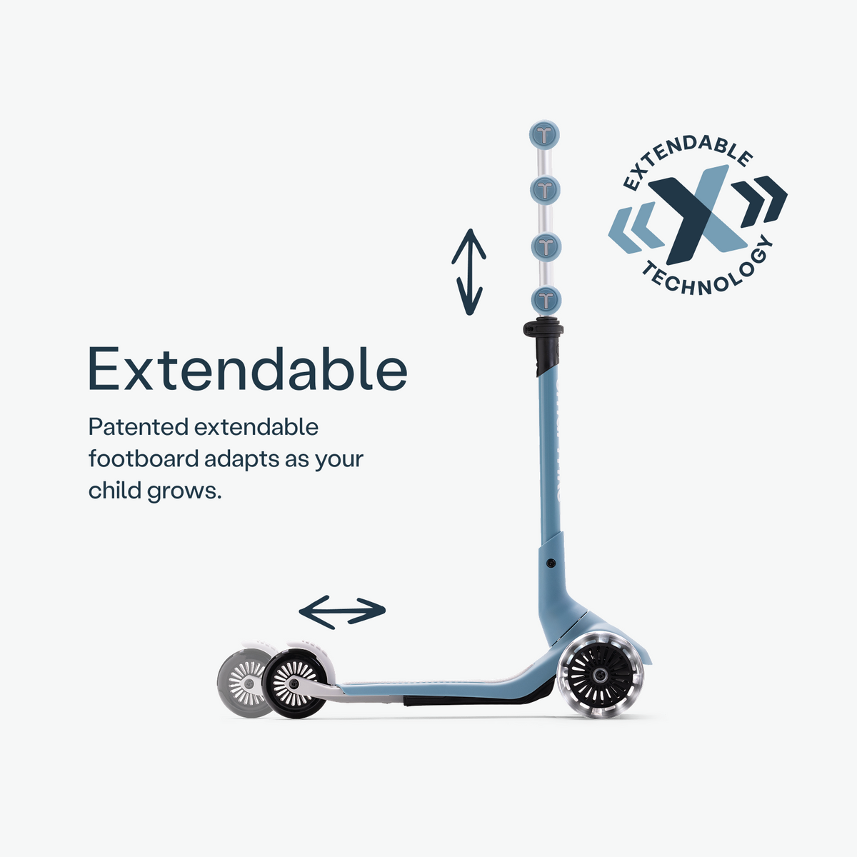 Base extensível da trotinete Smartrike XTEND Mini+ aberta para criança mais crescida