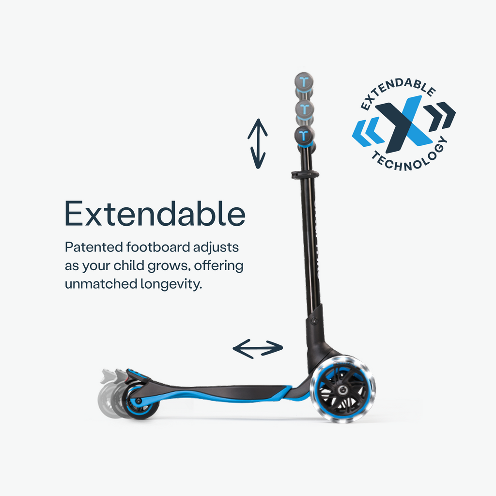Base da trotinete Smartrike XTEND Scooter Azul esticada para criança mais crescida